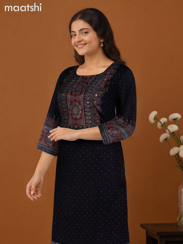 Muslin salwar suit black and maroon with ajrakh prints sequin work neck pattern and straight cut pant & dupatta