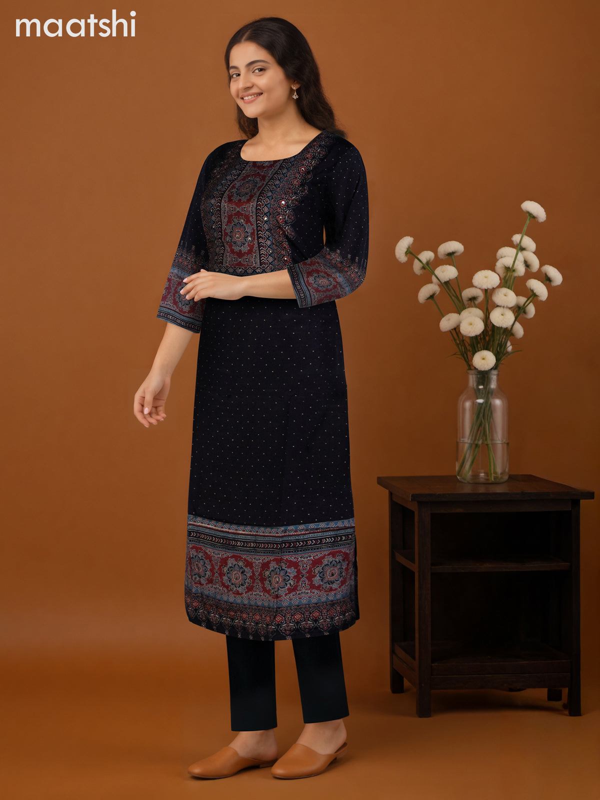 Muslin salwar suit black and maroon with ajrakh prints sequin work neck pattern and straight cut pant & dupatta