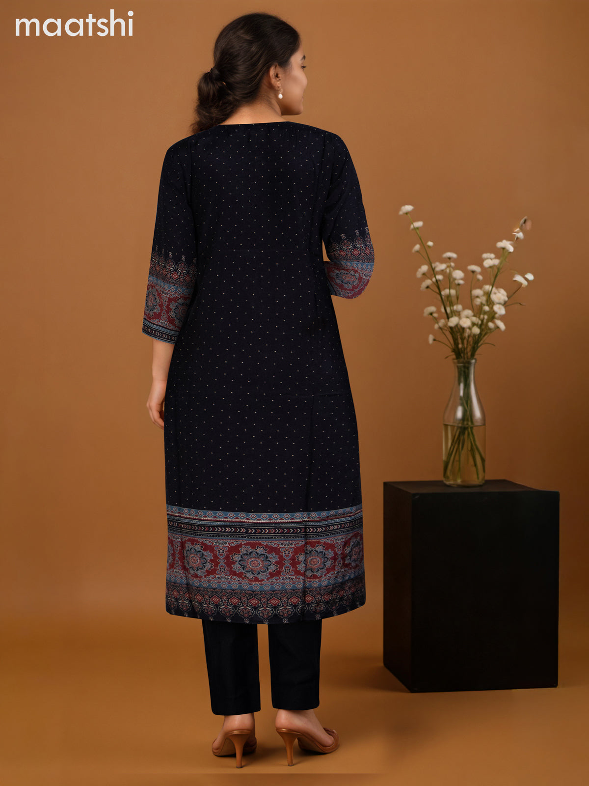 Muslin salwar suit black and maroon with ajrakh prints sequin work neck pattern and straight cut pant & dupatta