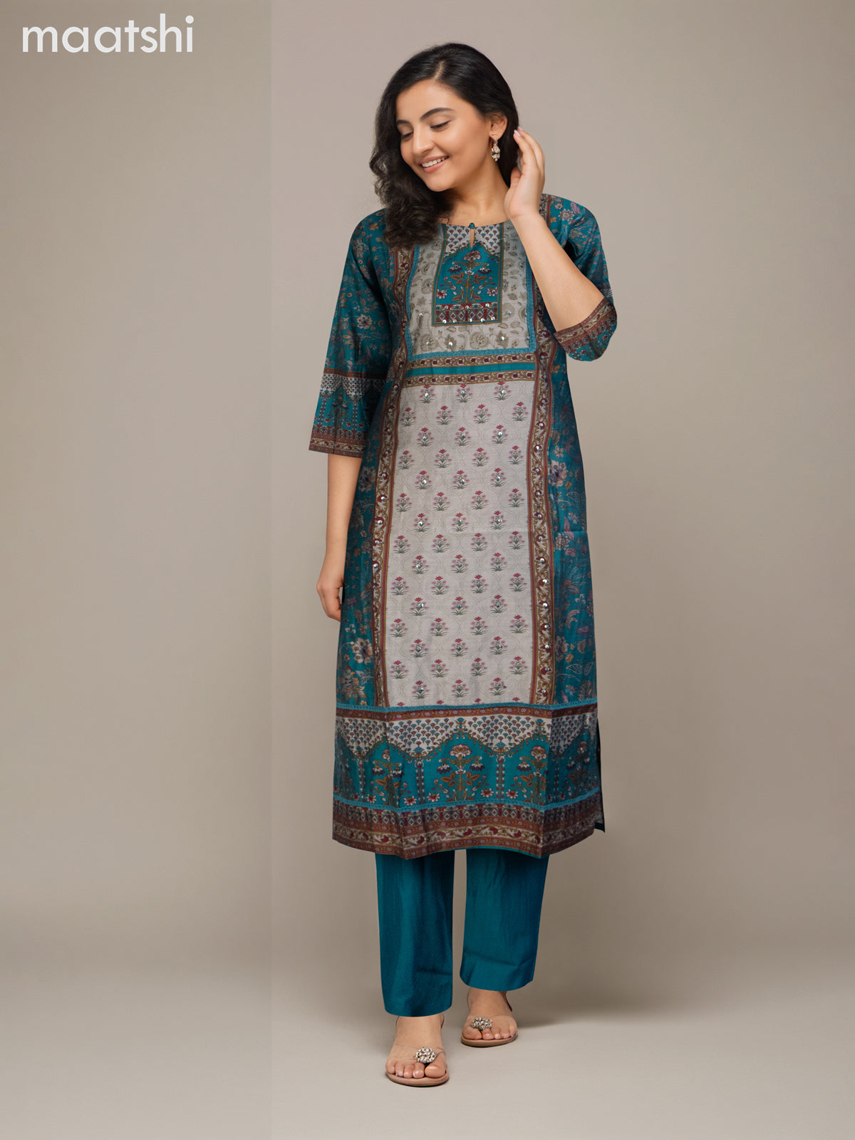 Chanderi salwar suit grey shade and teal blue with allover prints & sequin work neck pattern and straight cut pant & dupatta