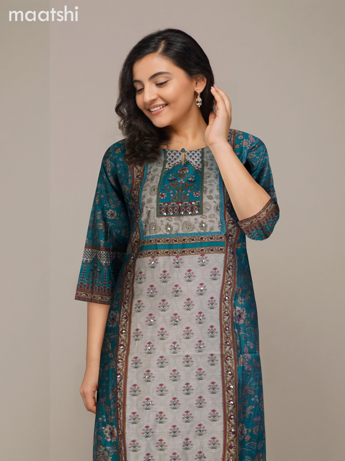 Chanderi salwar suit grey shade and teal blue with allover prints & sequin work neck pattern and straight cut pant & dupatta
