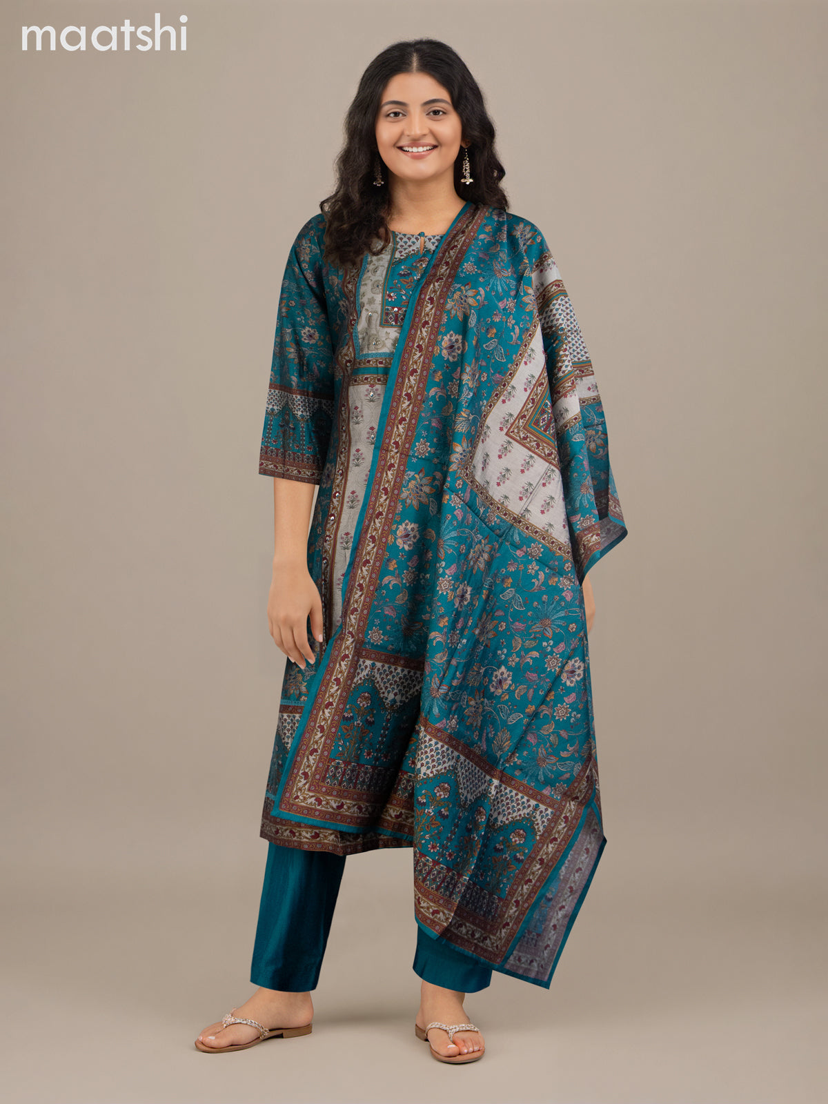 Chanderi salwar suit grey shade and teal blue with allover prints & sequin work neck pattern and straight cut pant & dupatta