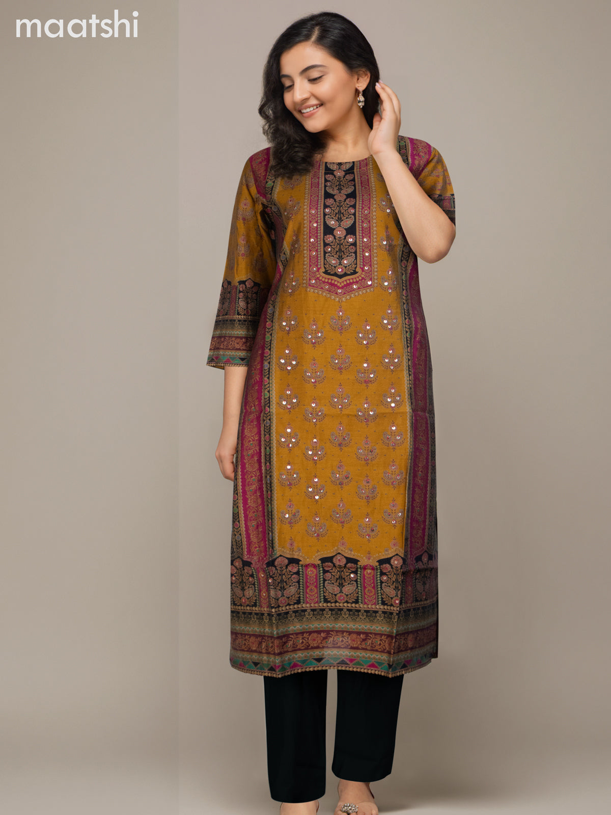 Chanderi salwar suit mustard yellow and black with allover prints & sequin work neck pattern and straight cut pant & dupatta
