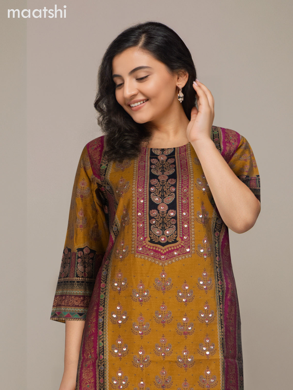 Chanderi salwar suit mustard yellow and black with allover prints & sequin work neck pattern and straight cut pant & dupatta