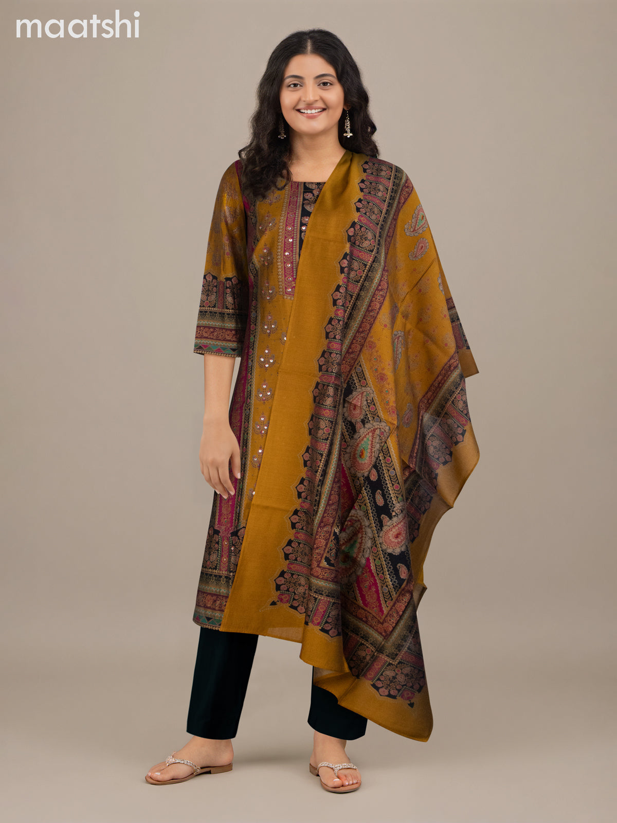 Chanderi salwar suit mustard yellow and black with allover prints & sequin work neck pattern and straight cut pant & dupatta