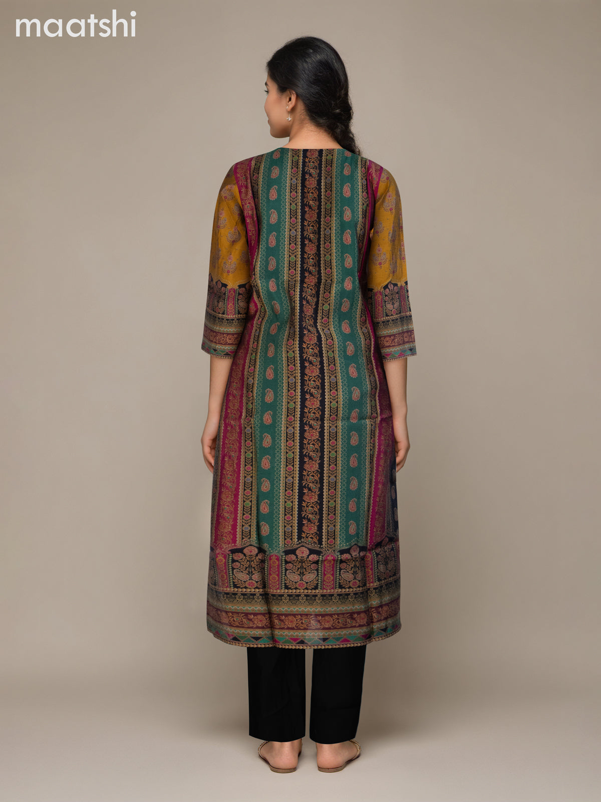 Chanderi salwar suit mustard yellow and black with allover prints & sequin work neck pattern and straight cut pant & dupatta