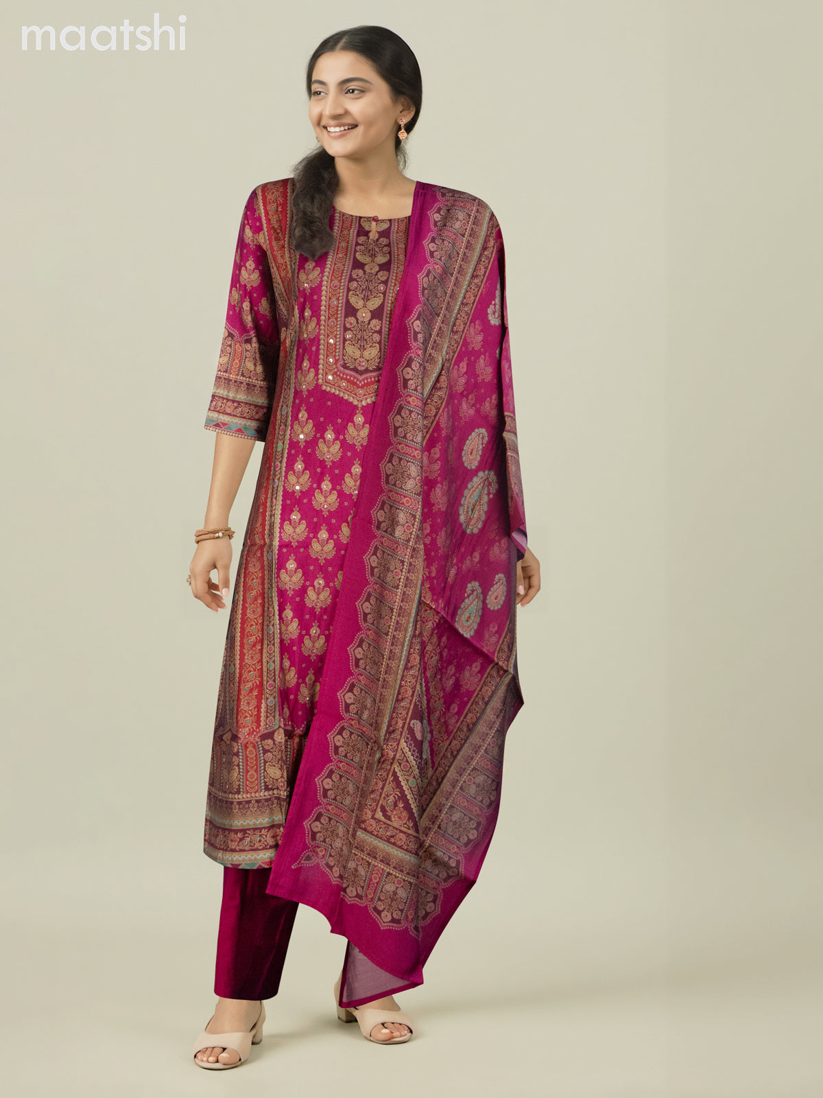 Chanderi salwar suit pink with allover prints & sequin work neck pattern and straight cut pant & dupatta