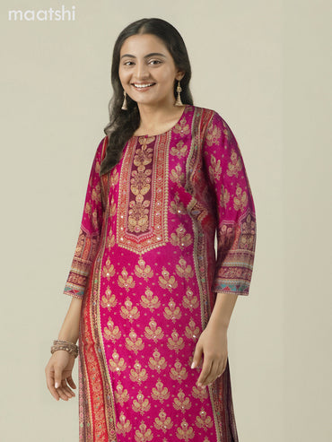 Chanderi salwar suit pink with allover prints & sequin work neck pattern and straight cut pant & dupatta