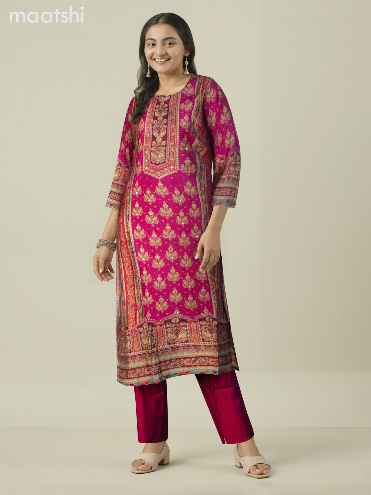 Chanderi salwar suit pink with allover prints & sequin work neck pattern and straight cut pant & dupatta