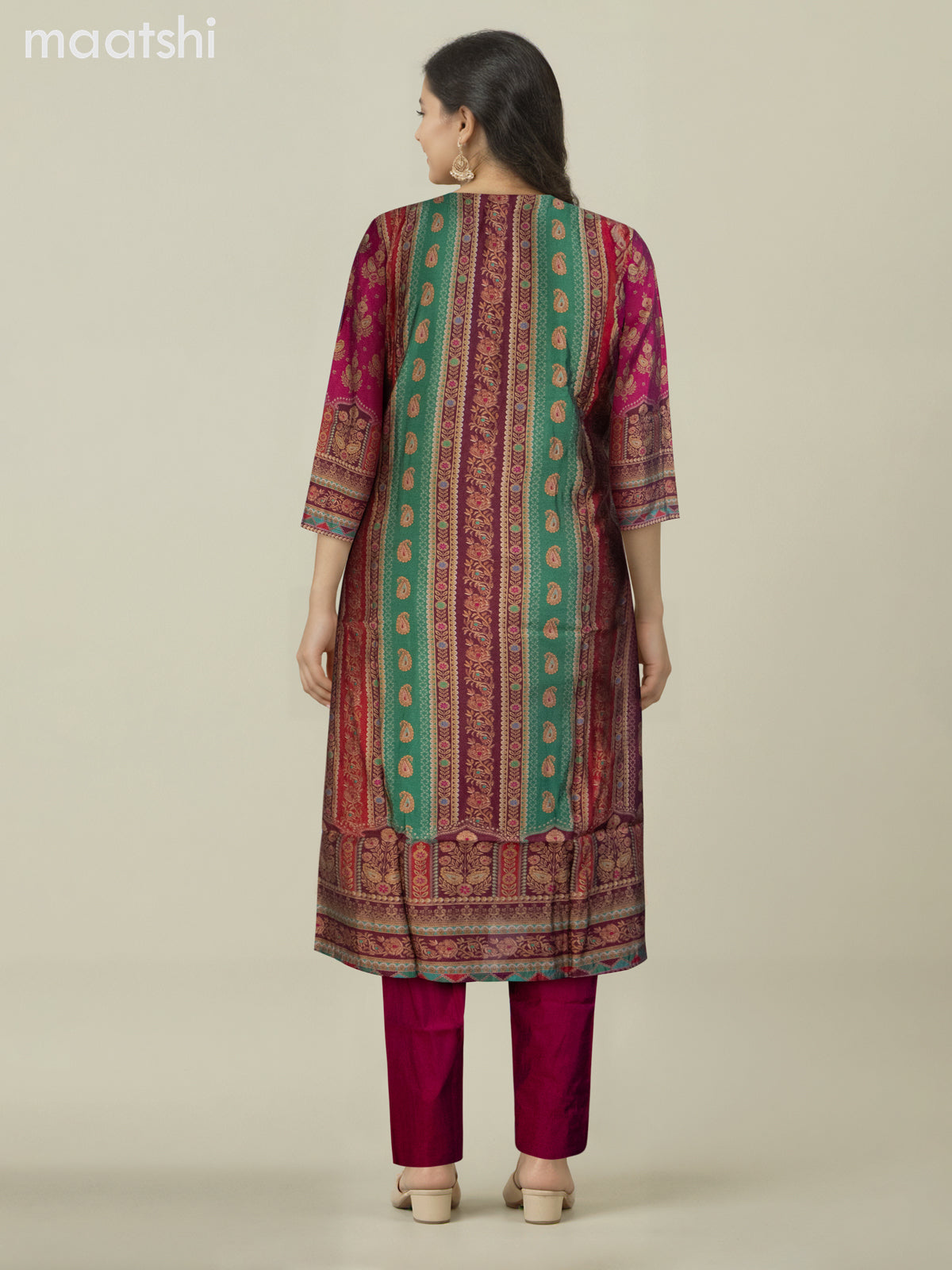 Chanderi salwar suit pink with allover prints & sequin work neck pattern and straight cut pant & dupatta
