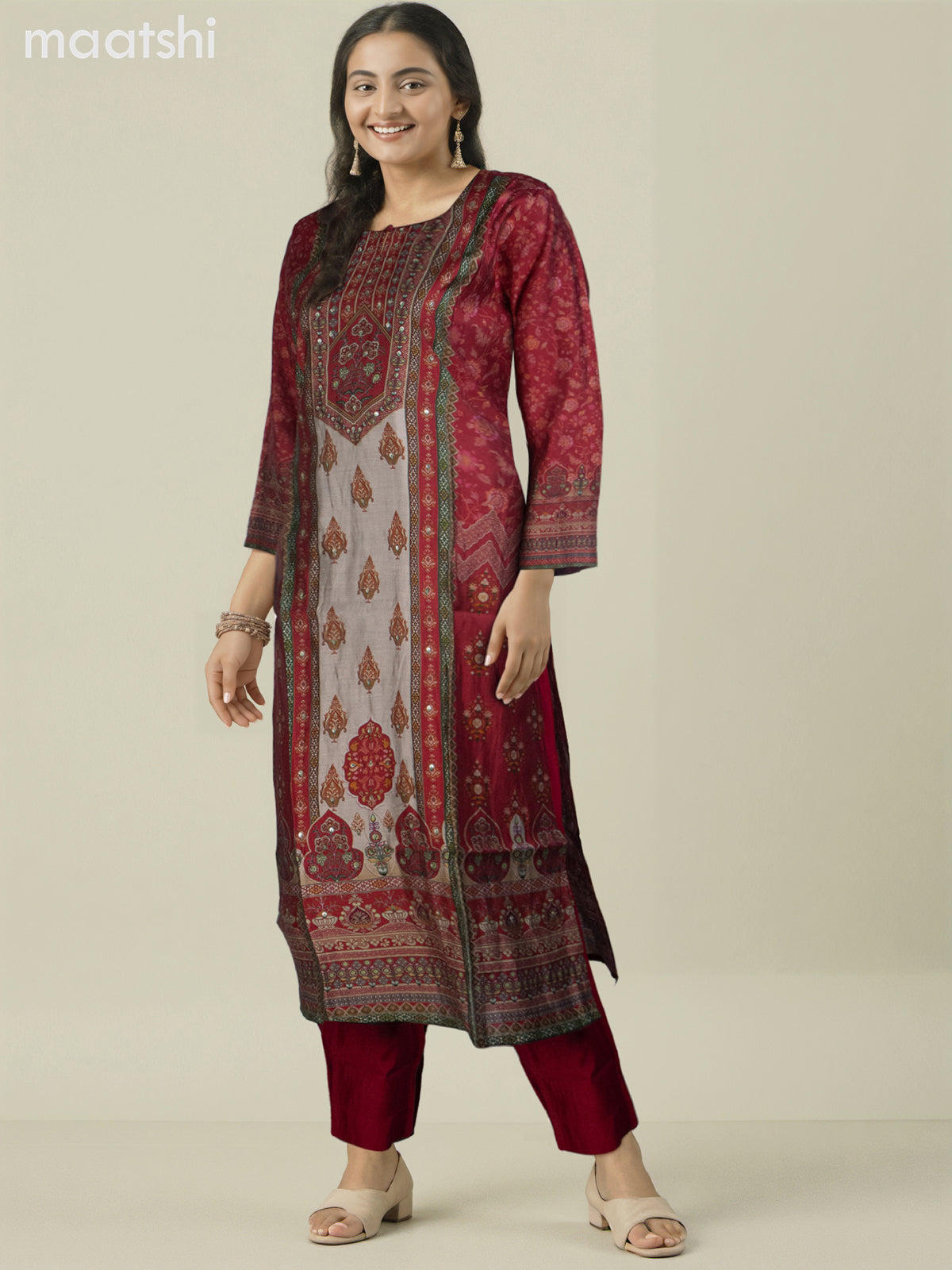 Chanderi salwar suit pink and grey shade with allover prints & sequin work neck pattern and straight cut pant & dupatta