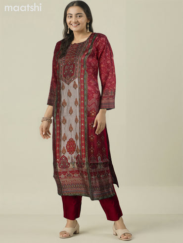 Chanderi salwar suit pink and grey shade with allover prints & sequin work neck pattern and straight cut pant & dupatta