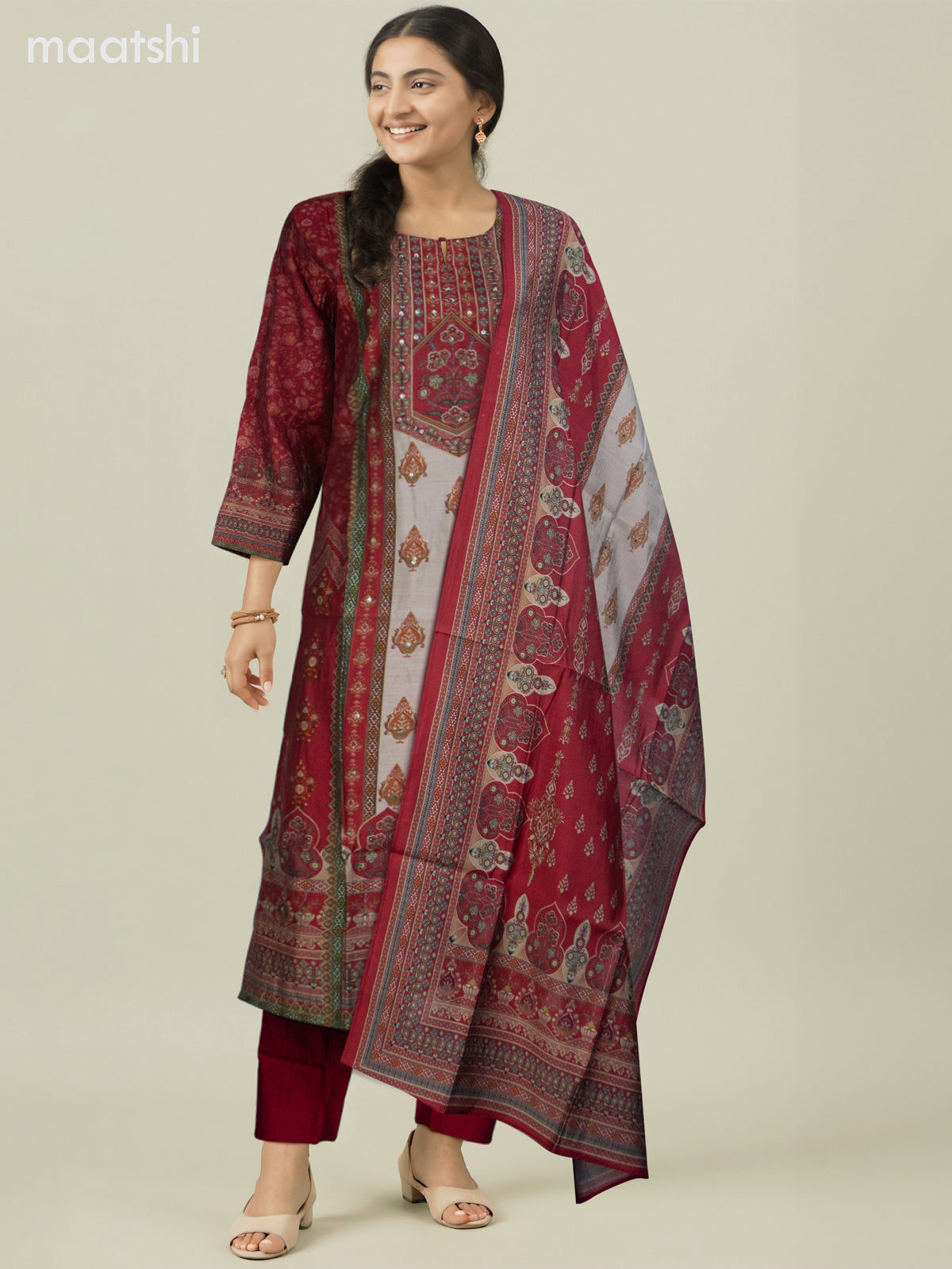 Chanderi salwar suit pink and grey shade with allover prints & sequin work neck pattern and straight cut pant & dupatta