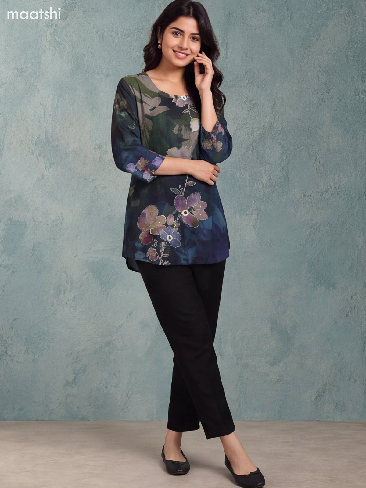 Green Muslin Printed & Embroidery Work Short Kurti