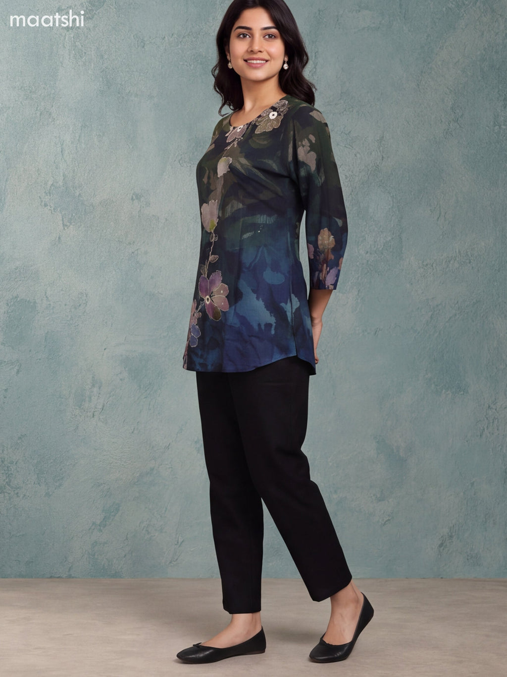 Green Muslin Printed & Embroidery Work Short Kurti