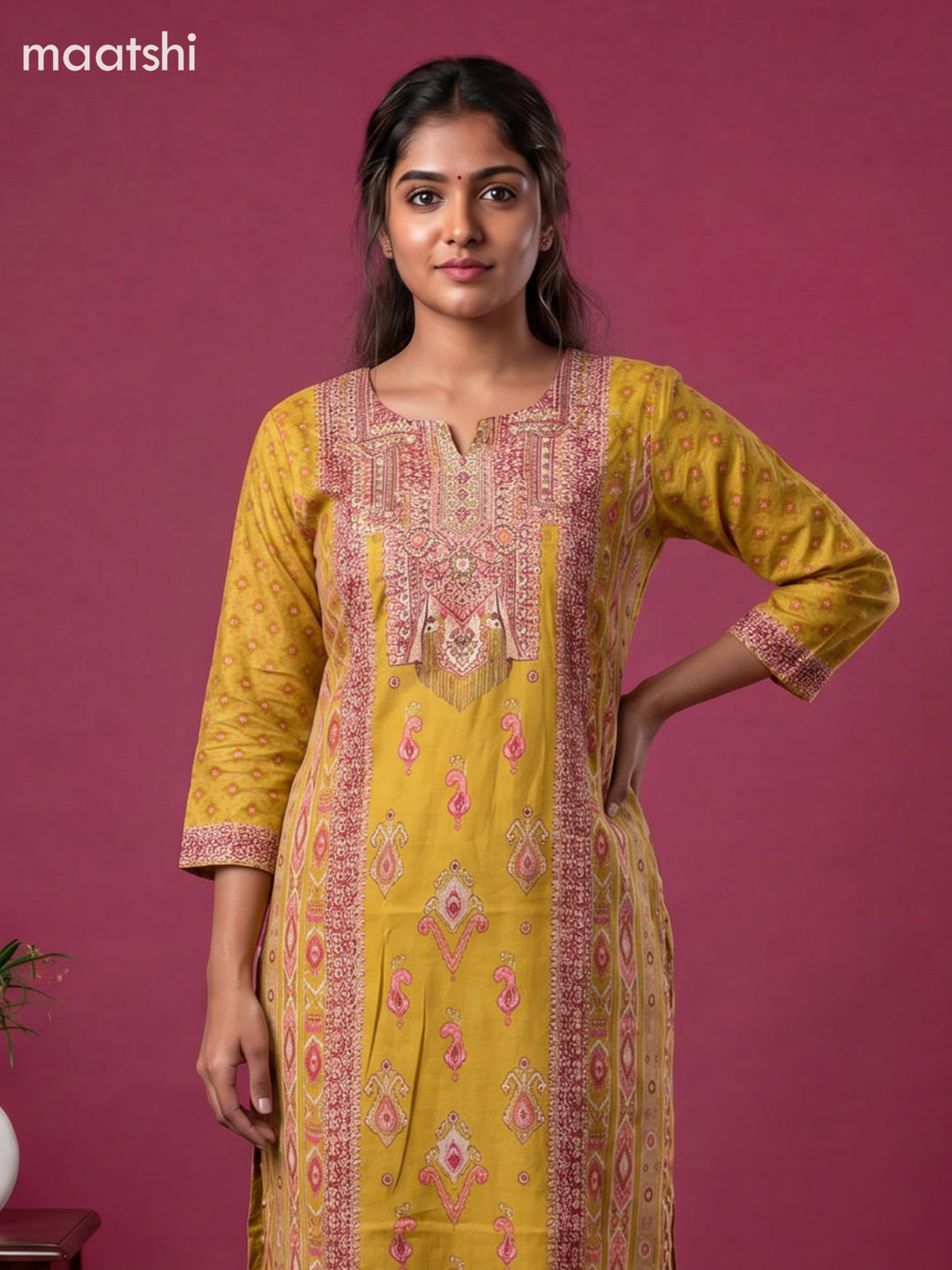 Mustard Yellow Cotton Printed Embroidery Work Straight Suit