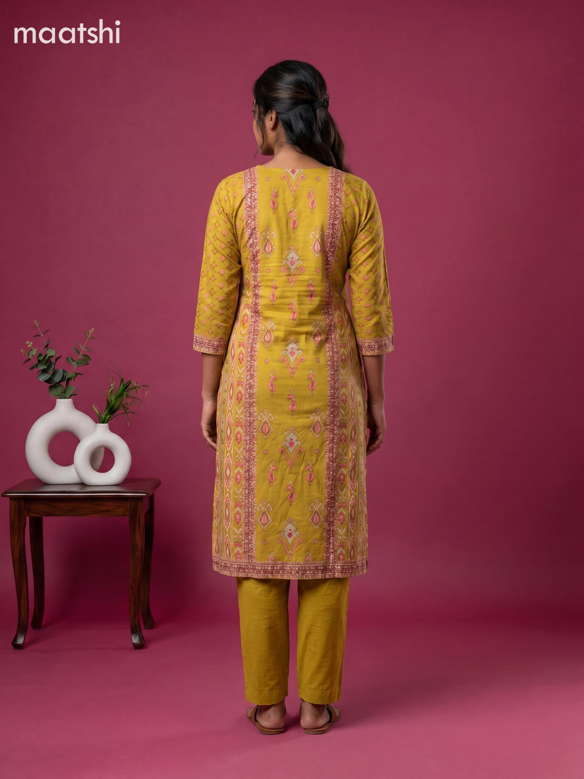 Mustard Yellow Cotton Printed Embroidery Work Straight Suit