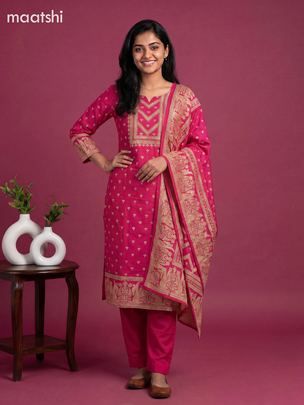 Pink Cotton Printed Embroidery Work Straight Suit