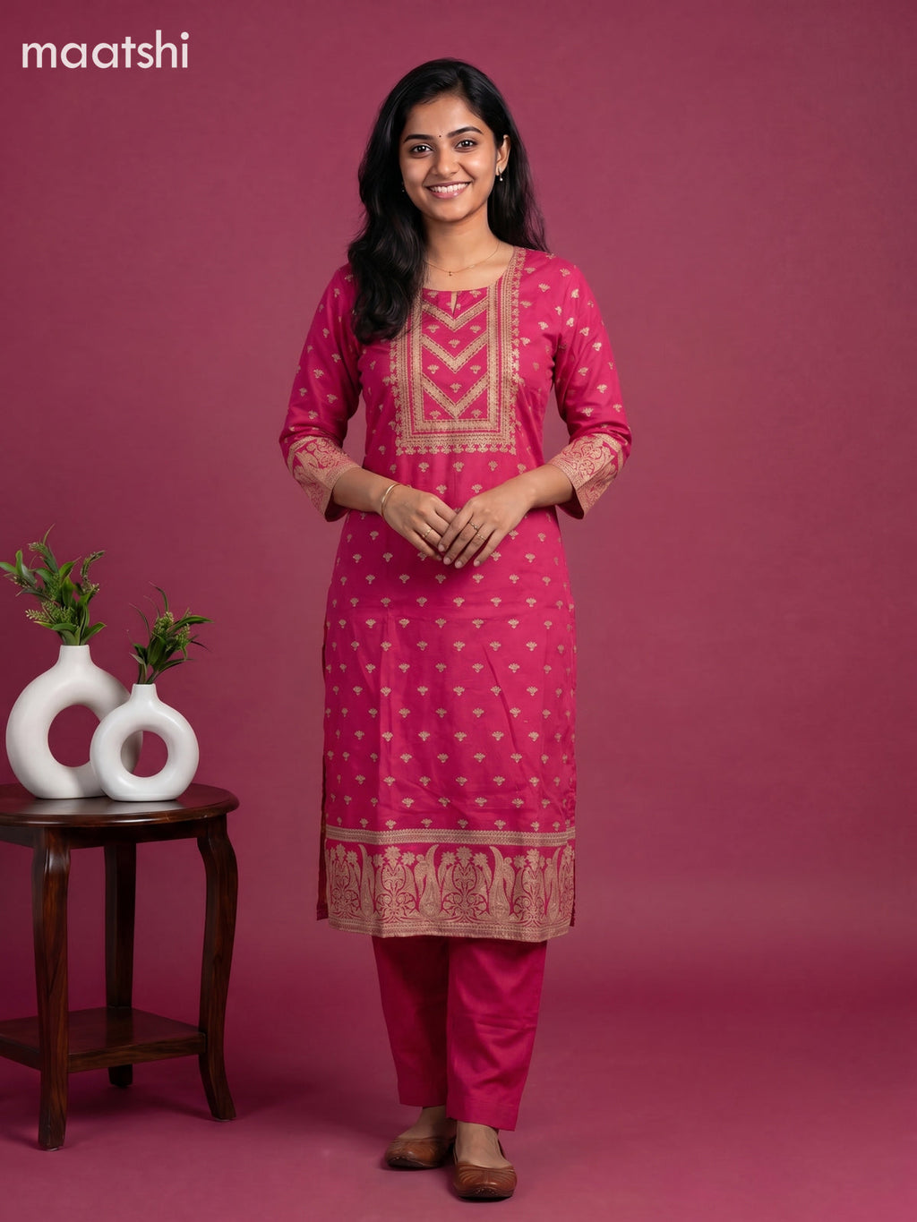 Pink Cotton Printed Embroidery Work Straight Suit