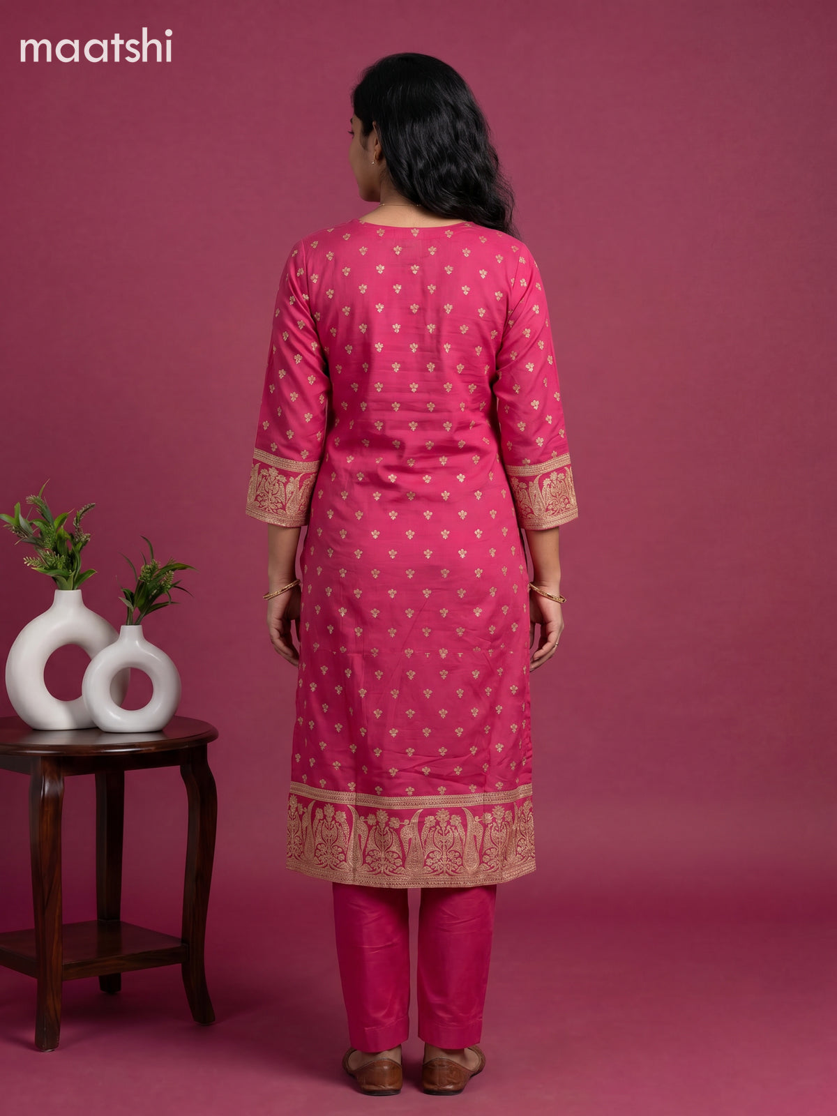 Pink Cotton Printed Embroidery Work Straight Suit