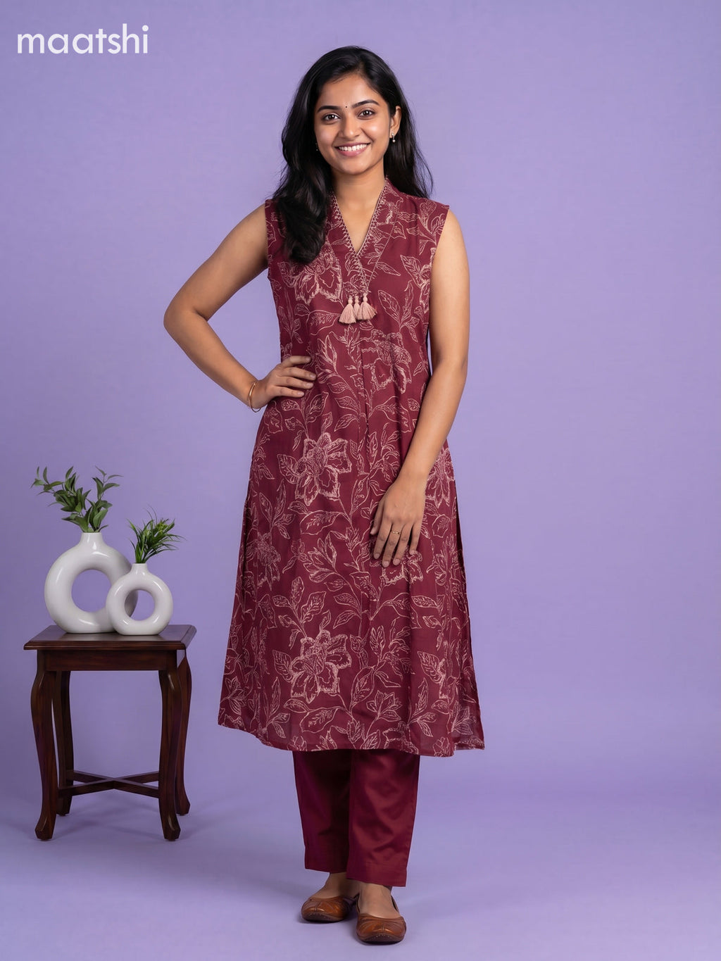 Magenta Pink Cotton Printed & Embroidery Work Kurti Set