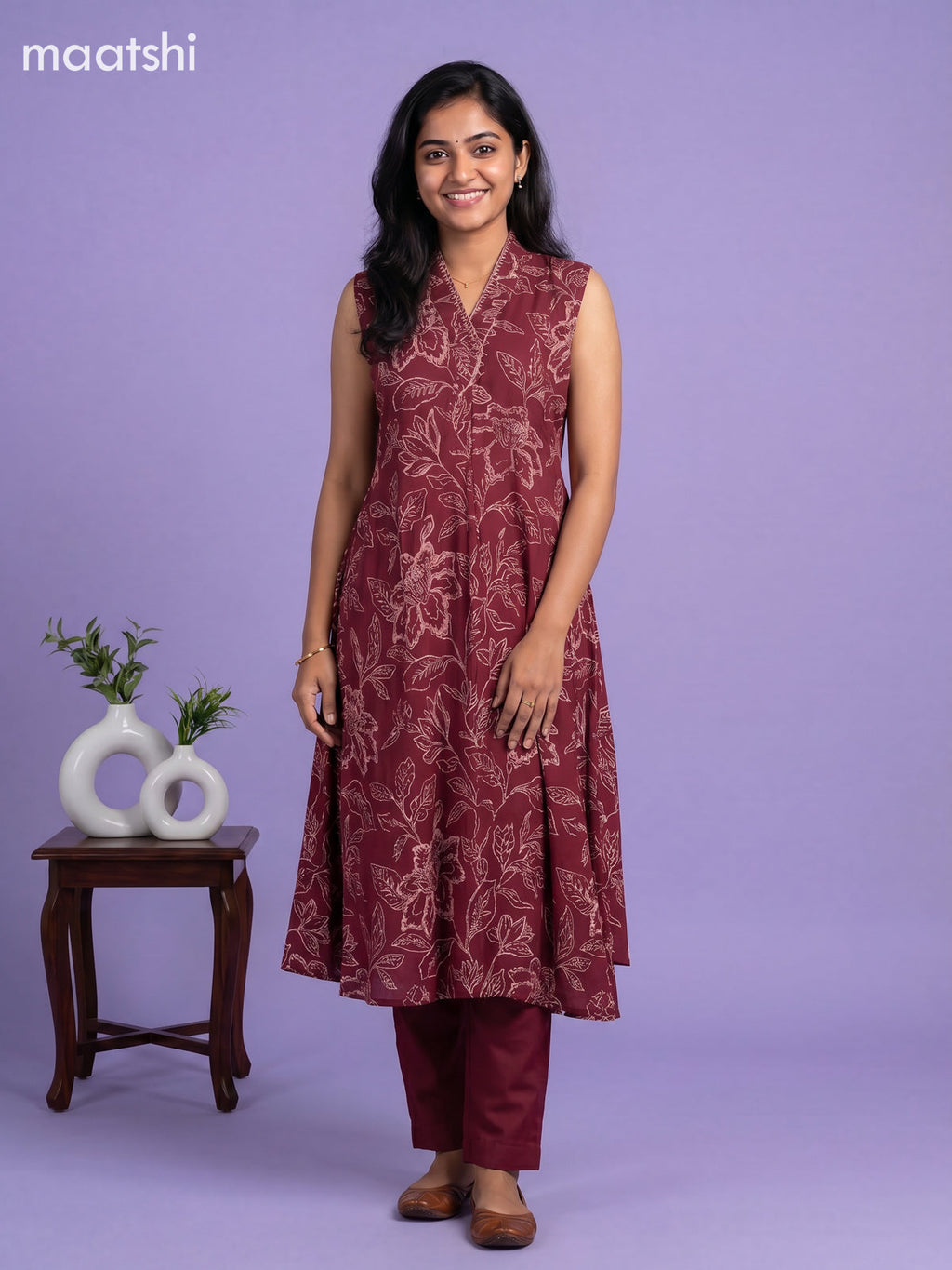 Magenta Pink Cotton Printed & Embroidery Work Kurti Set