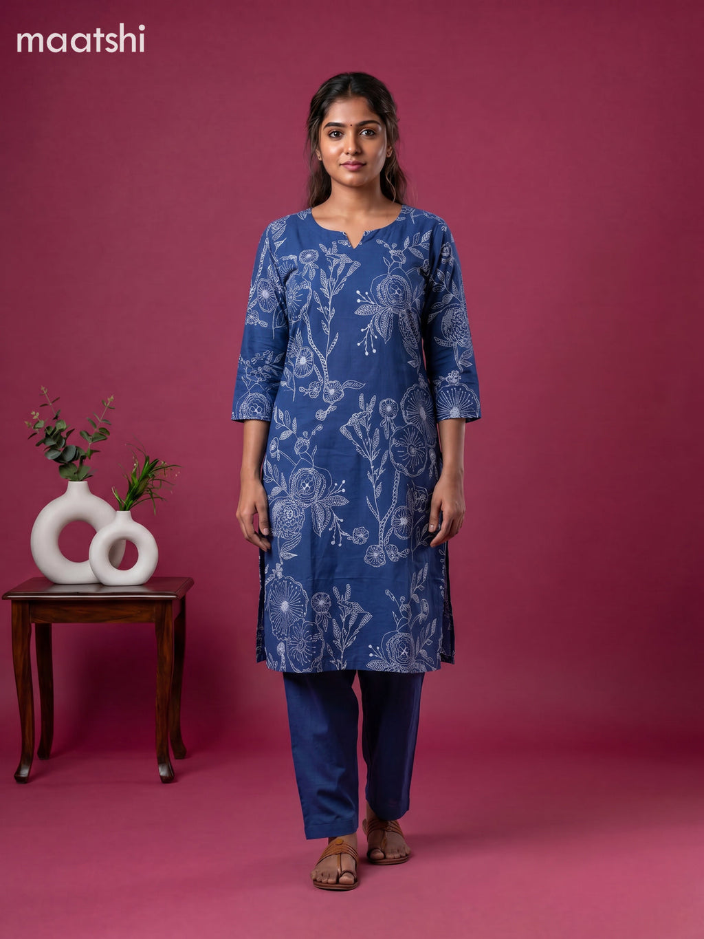 Blue Cotton Printed & Embroidery Work Kurti Set