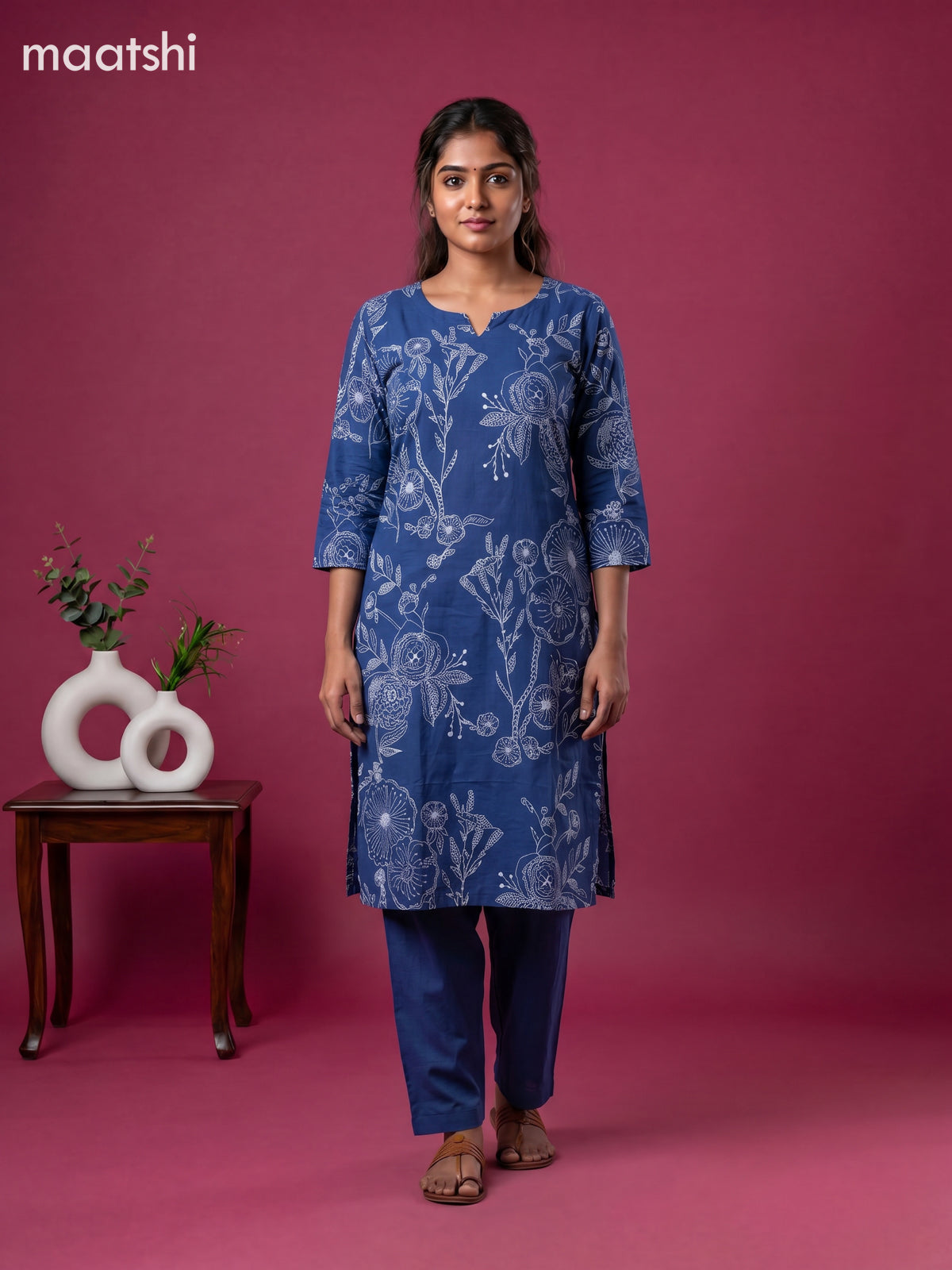 Blue Cotton Printed & Embroidery Work Kurti Set