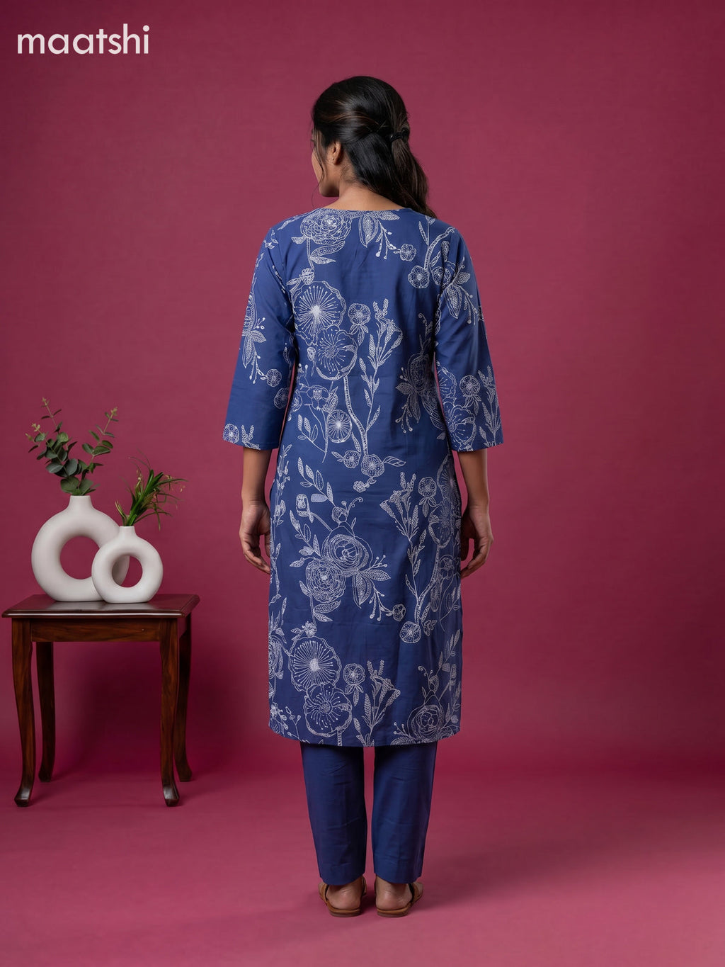 Blue Cotton Printed & Embroidery Work Kurti Set