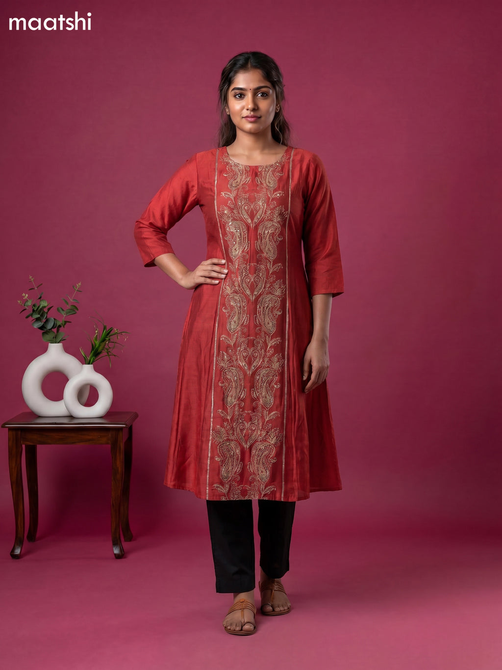 Rust Modal Printed & Simple Embroidery Work Anarkali Kurti