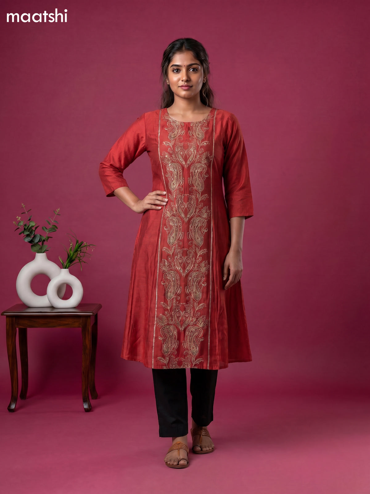Rust Modal Printed & Simple Embroidery Work Anarkali Kurti