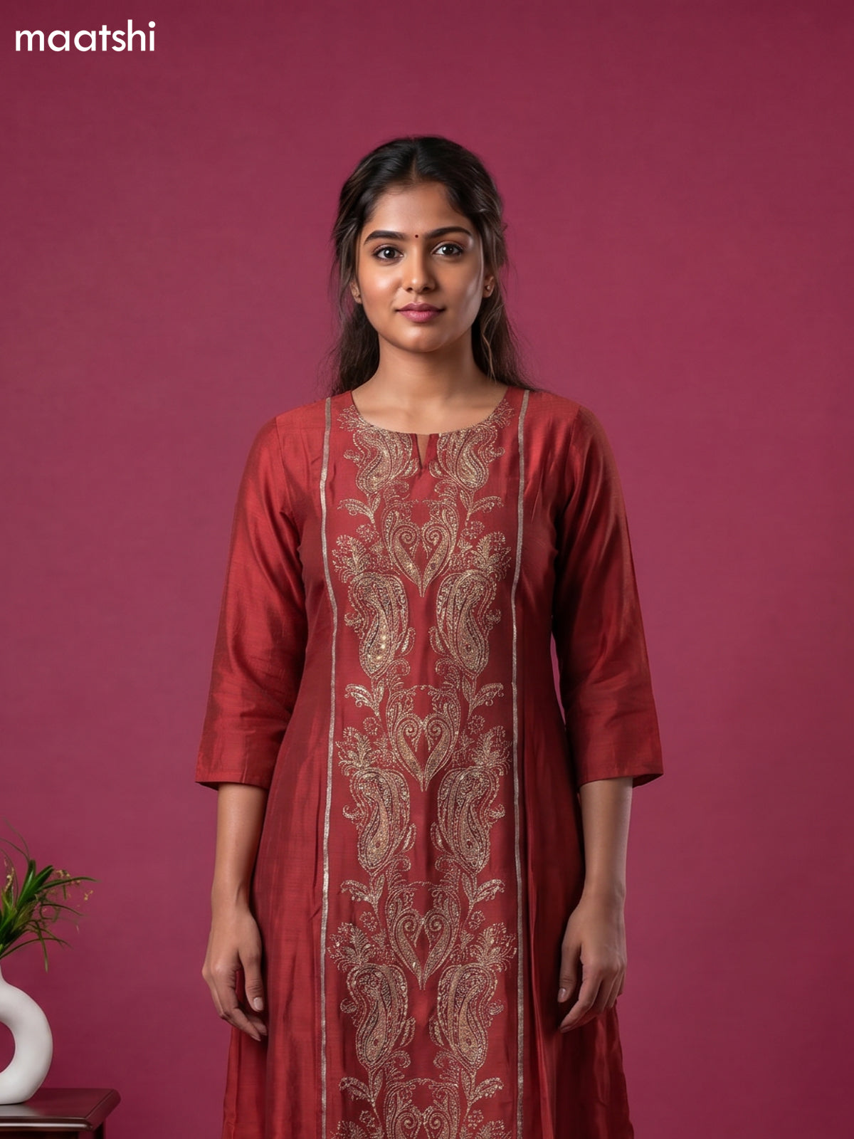 Rust Modal Printed & Simple Embroidery Work Anarkali Kurti