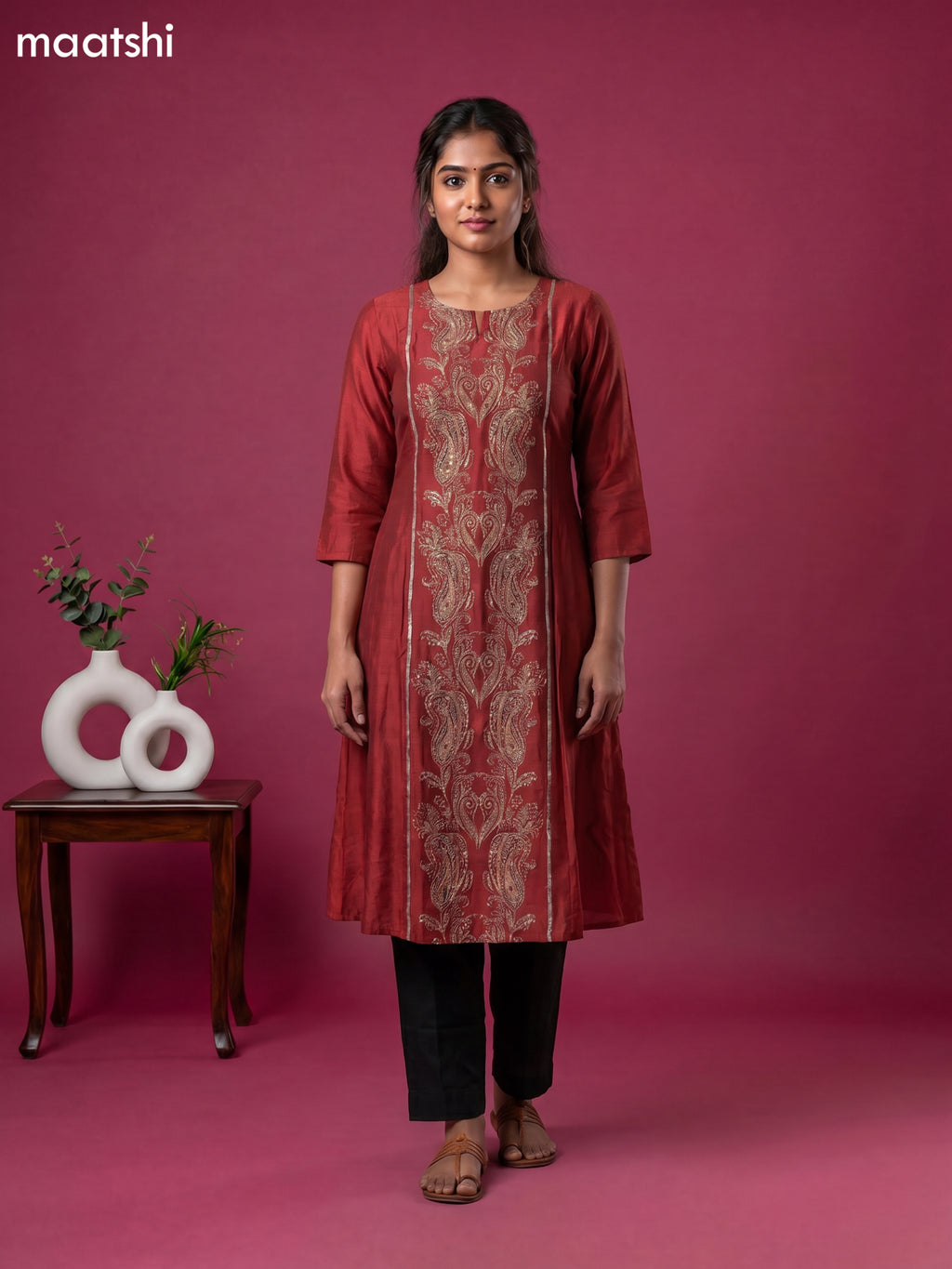 Rust Modal Printed & Simple Embroidery Work Anarkali Kurti