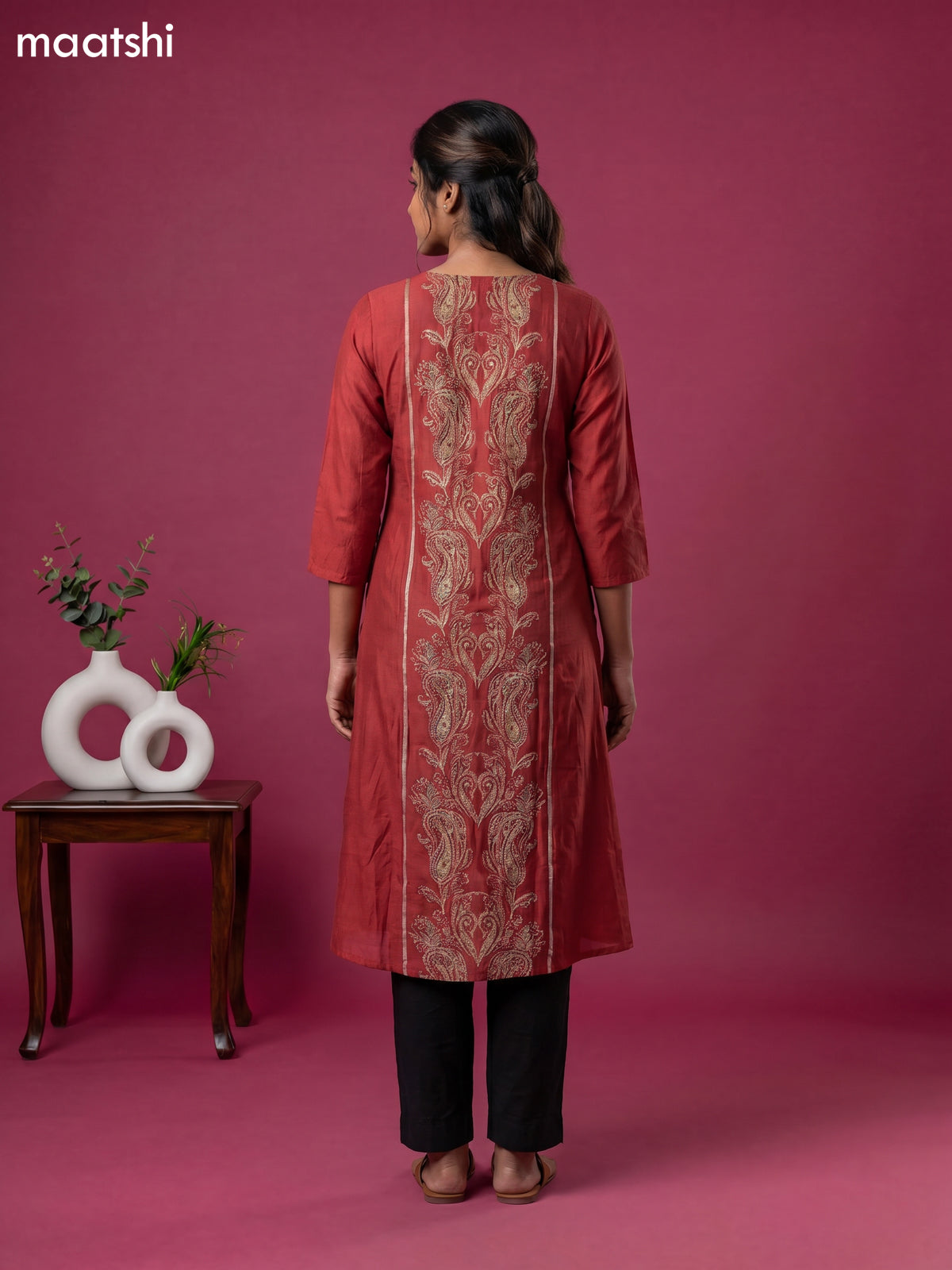 Rust Modal Printed & Simple Embroidery Work Anarkali Kurti