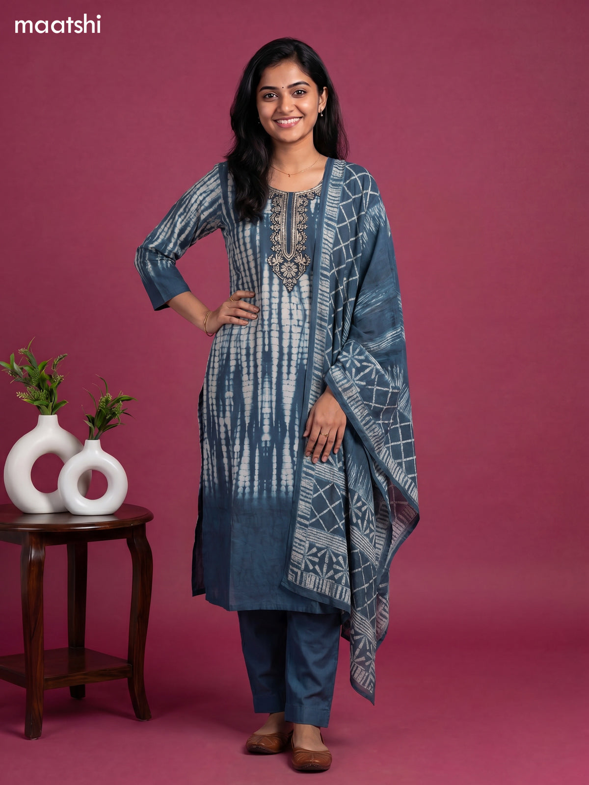 modal shibori printed & simple embroidery work straight suit