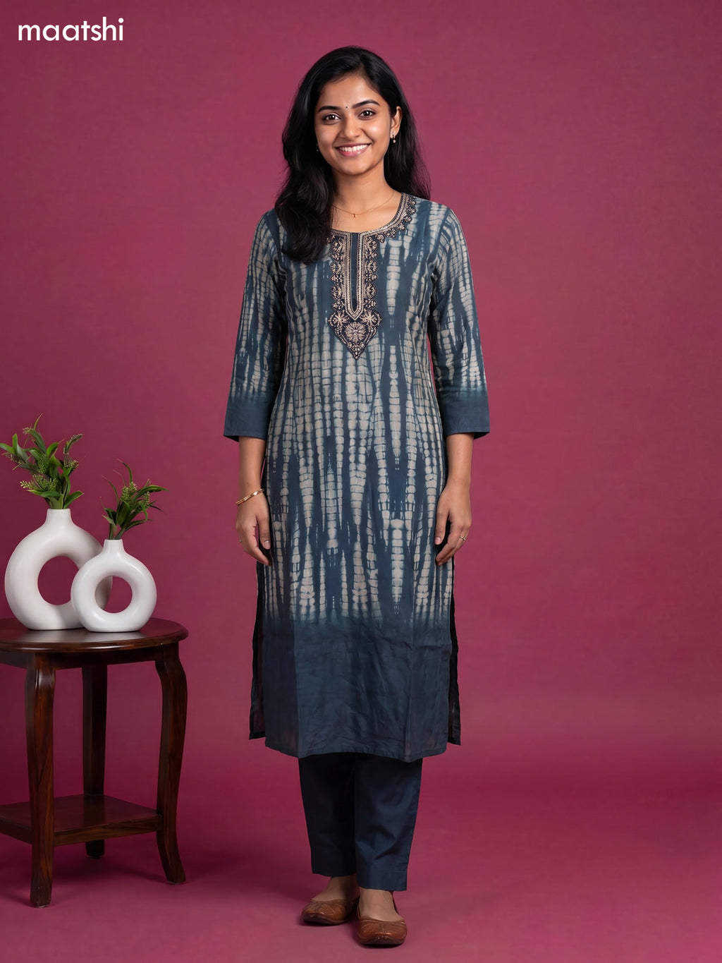 modal shibori printed & simple embroidery work straight suit
