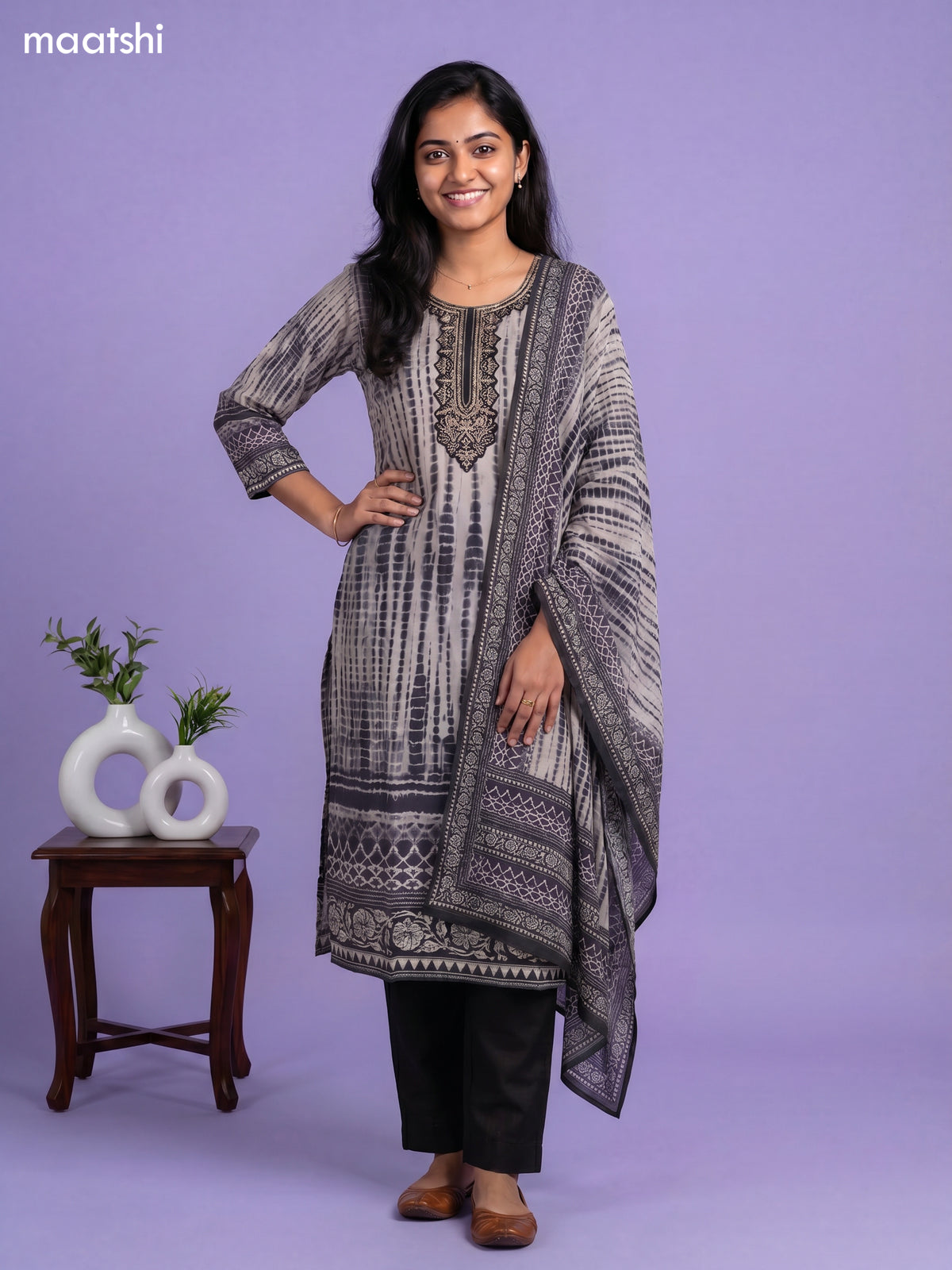 modal shibori printed & simple embroidery work straight suit