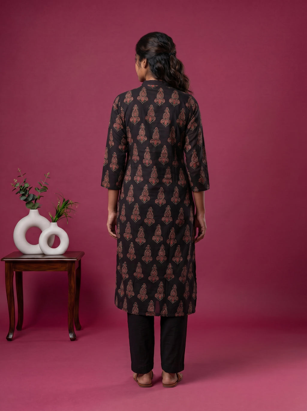 Deep Coffee Brown Cotton Ajrakh Printed Straight Kurti