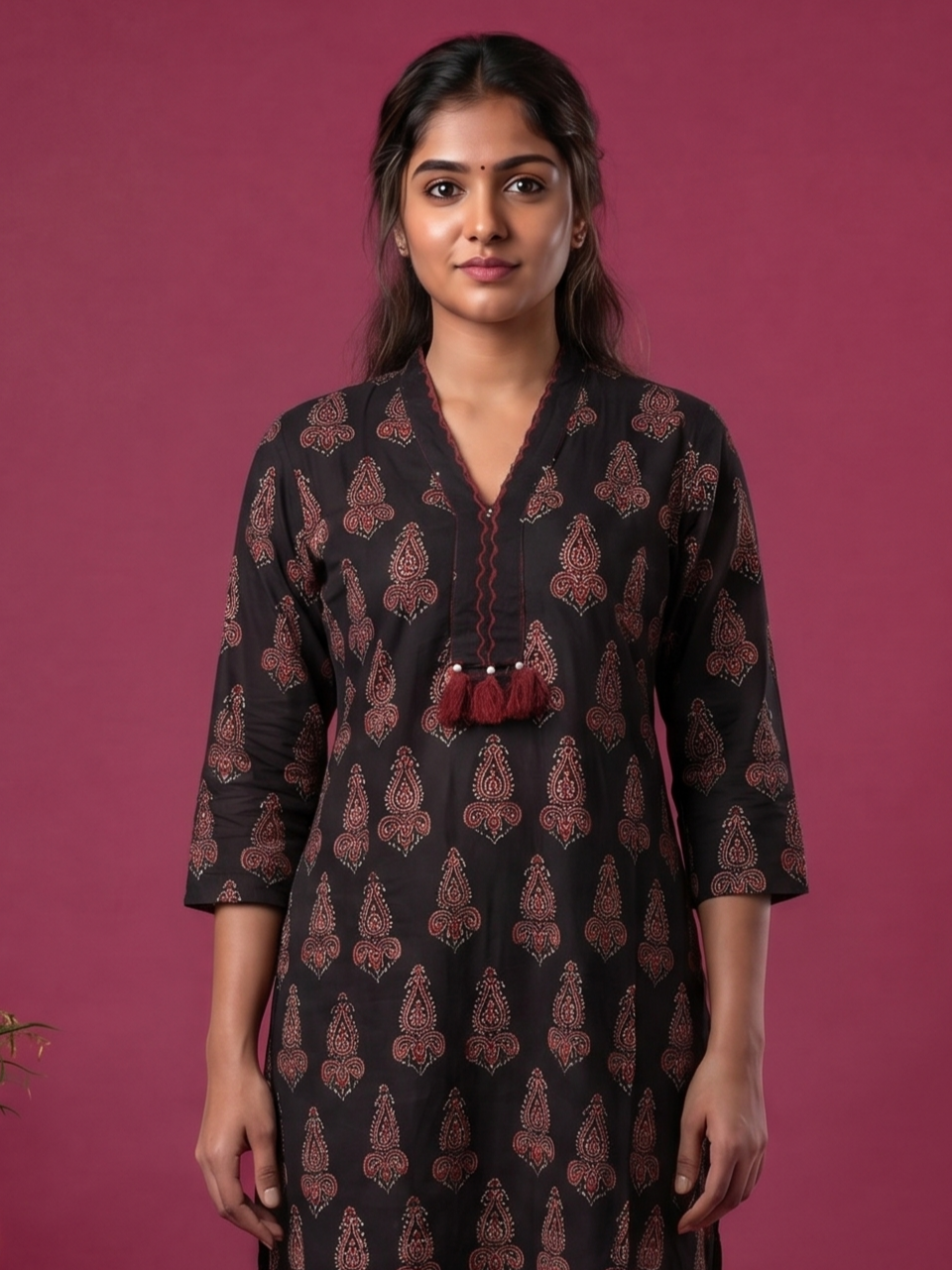 Deep Coffee Brown Cotton Ajrakh Printed Straight Kurti