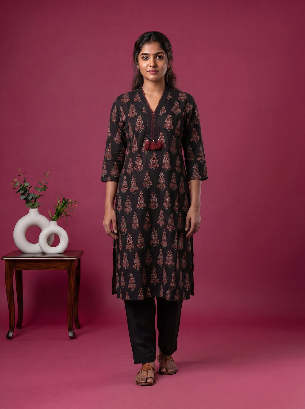 Deep Coffee Brown Cotton Ajrakh Printed Straight Kurti