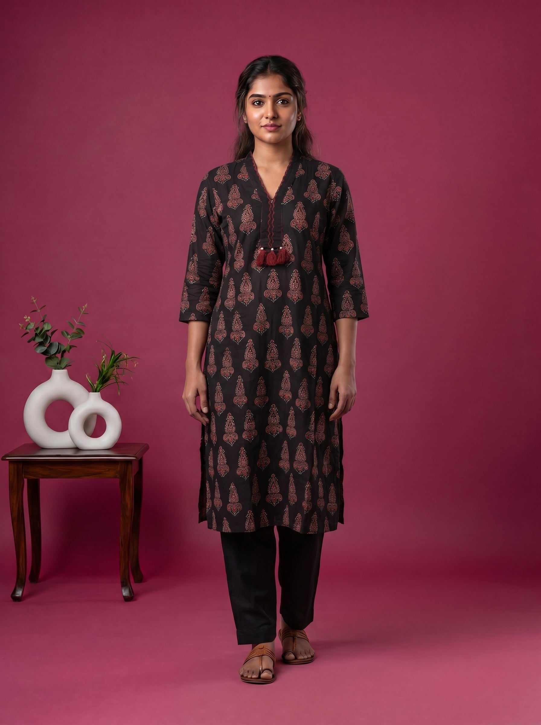 Deep Coffee Brown Cotton Ajrakh Printed Straight Kurti