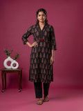 Deep Coffee Brown Cotton Ajrakh Printed Straight Kurti
