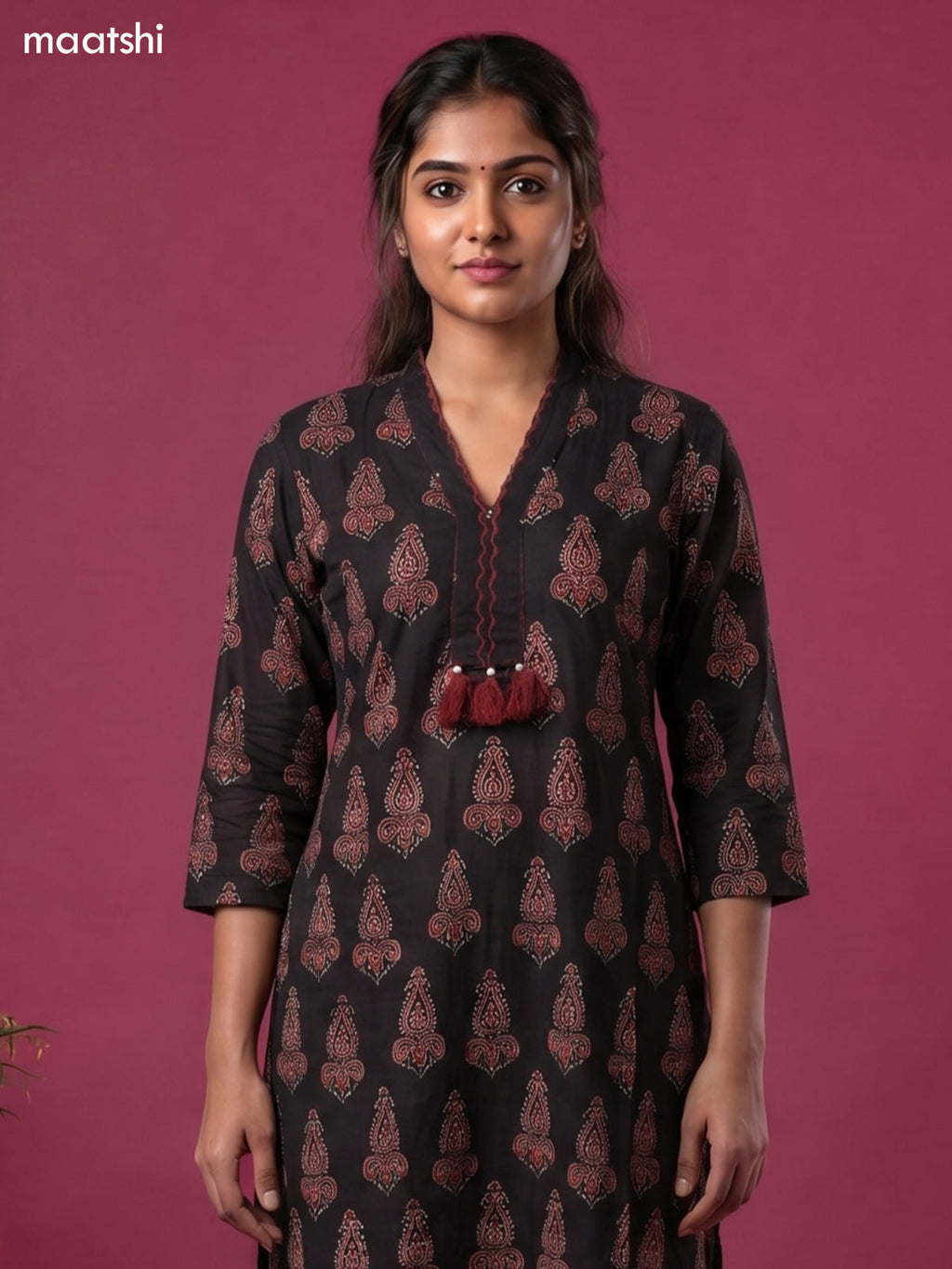 Deep Coffee Brown Cotton Ajrakh Printed Straight Kurti