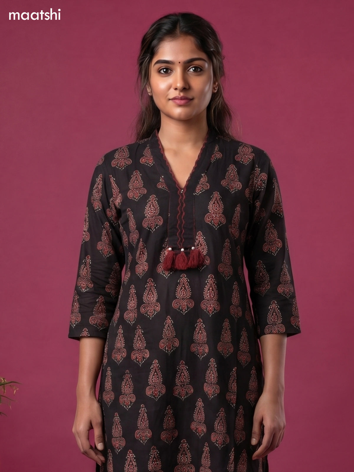Deep Coffee Brown Cotton Ajrakh Printed Straight Kurti