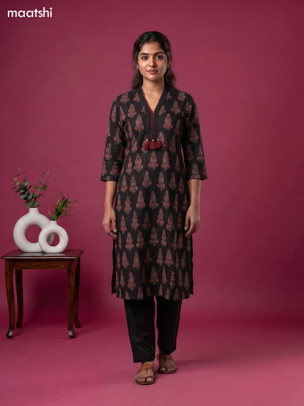 Deep Coffee Brown Cotton Ajrakh Printed Straight Kurti