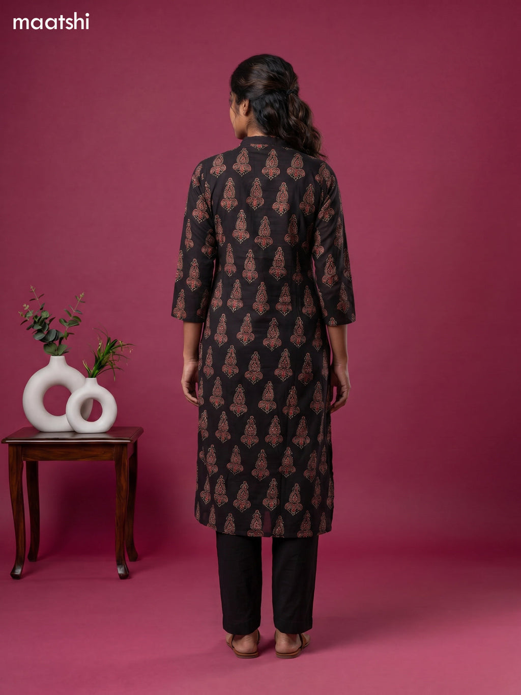 Deep Coffee Brown Cotton Ajrakh Printed Straight Kurti