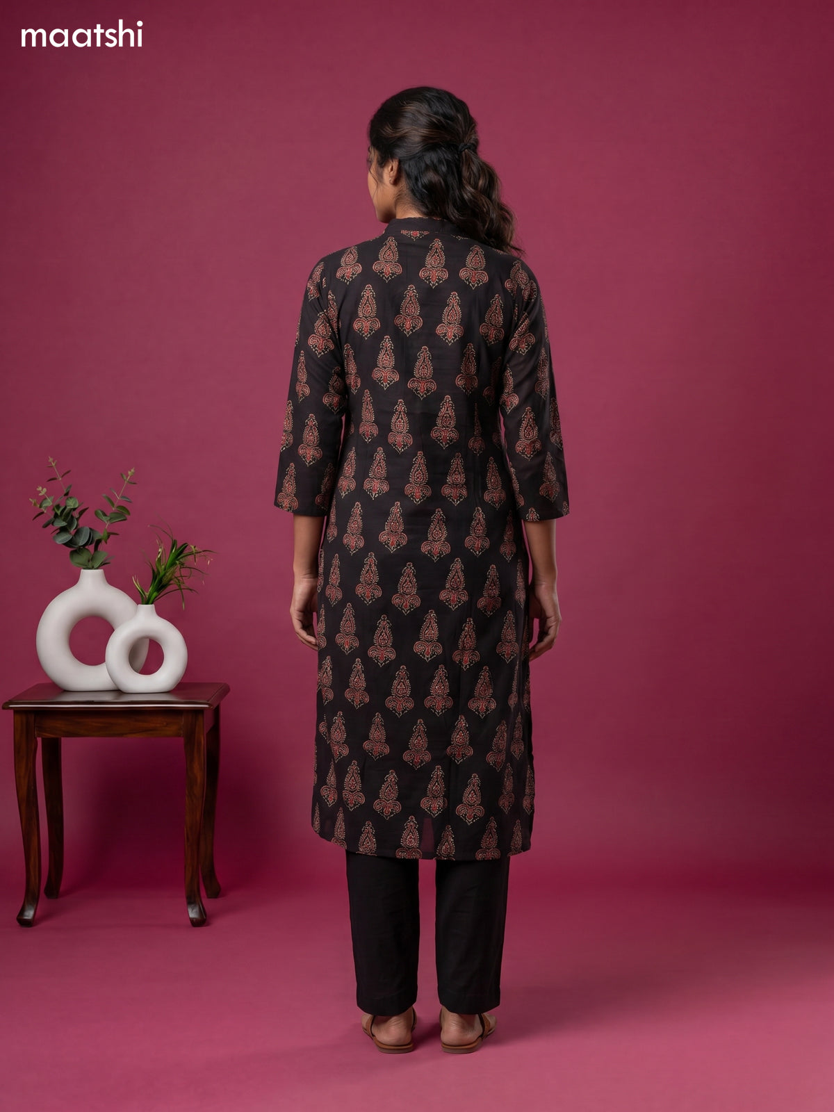 Deep Coffee Brown Cotton Ajrakh Printed Straight Kurti