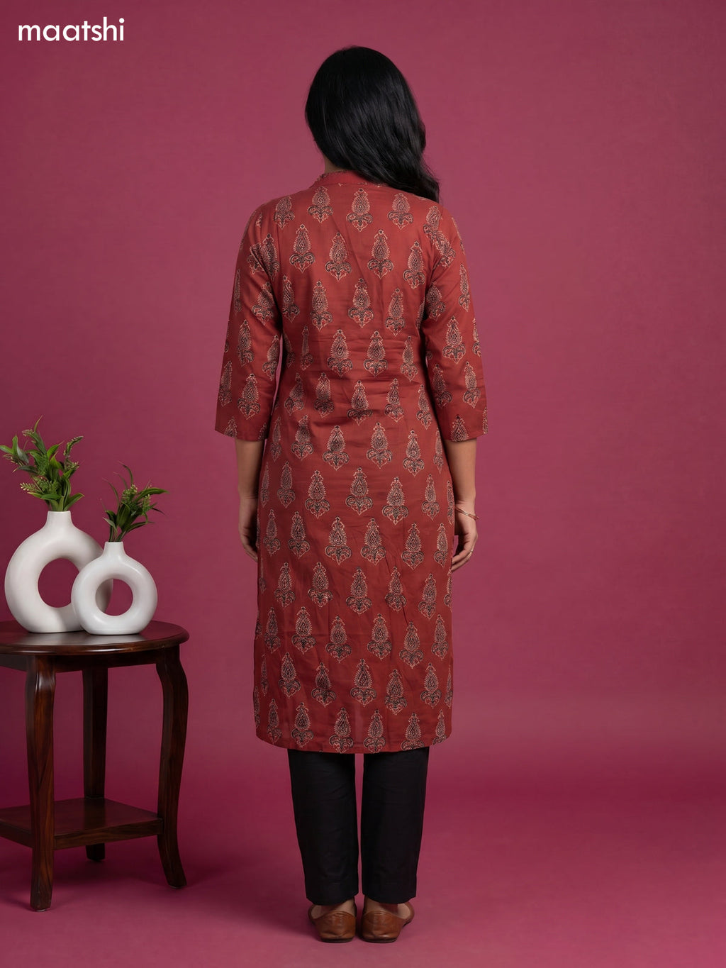 Maroon Cotton Ajrakh Printed Straight Kurti