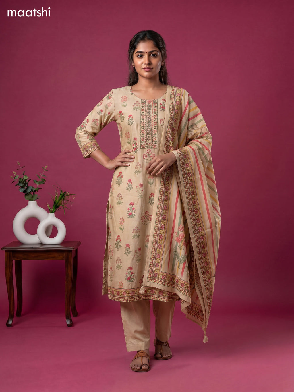 cotton floral printed & embroidery work straight suit