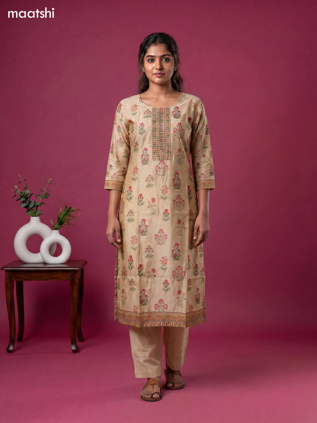 cotton floral printed & embroidery work straight suit